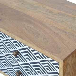 Indra Media Unit Oak Mango Wood Blue & White Diamond Wave Screen-Printed Drawers Curved Base