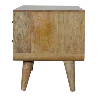 Indra Media Unit Oak Mango Wood Blue & White Diamond Wave Screen-Printed Drawers Curved Base