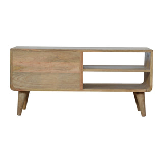 Indra Media Unit Oak Mango Wood Blue & White Diamond Wave Screen-Printed Drawers Curved Base
