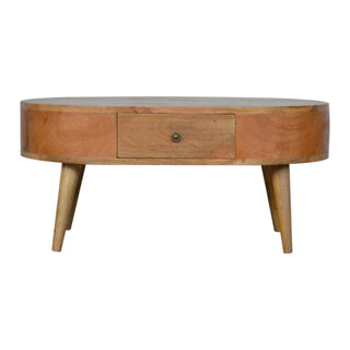 Cora Oval Coffee Table Solid Mango Wood Barrel Body Brass Knob Drawer