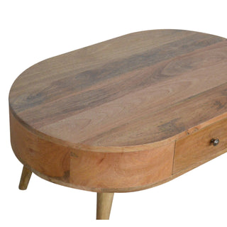 Cora Oval Coffee Table Solid Mango Wood Barrel Body Brass Knob Drawer