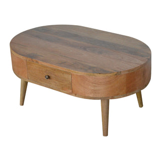 Cora Oval Coffee Table Solid Mango Wood Barrel Body Brass Knob Drawer