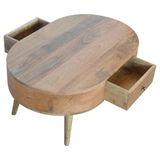 Cora Oval Coffee Table Solid Mango Wood Barrel Body Brass Knob Drawer