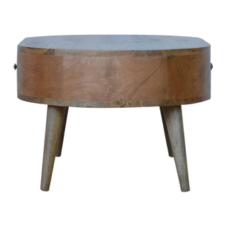 Cora Oval Coffee Table Solid Mango Wood Barrel Body Brass Knob Drawer