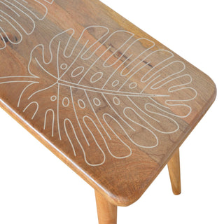 Fern Hallway Bench Solid Mango Wood Botanical Leaf Resin Inlay Tapered Oak Legs