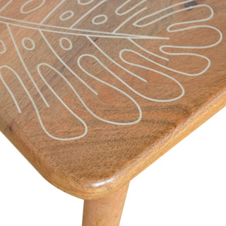 Fern Hallway Bench Solid Mango Wood Botanical Leaf Resin Inlay Tapered Oak Legs