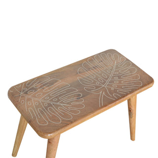 Fern Hallway Bench Solid Mango Wood Botanical Leaf Resin Inlay Tapered Oak Legs