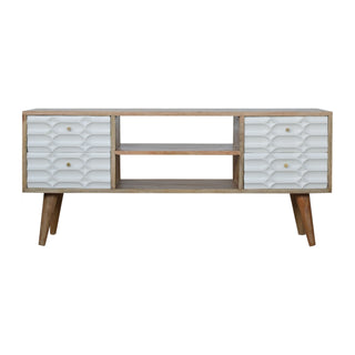 Neve Media Unit White Carved Drawer Fronts Open Shelf