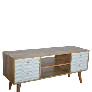 Neve Media Unit White Carved Drawer Fronts Open Shelf