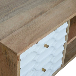 Neve Media Unit White Carved Drawer Fronts Open Shelf