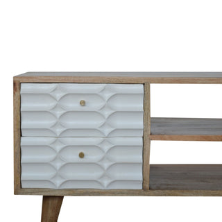 Neve Media Unit White Carved Drawer Fronts Open Shelf
