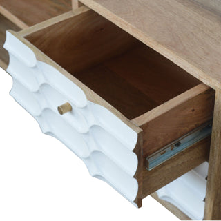 Neve Media Unit White Carved Drawer Fronts Open Shelf