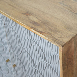 Rivène Small Sideboard Cabinet with Grey Carved Circle Doors and Tapered Legs