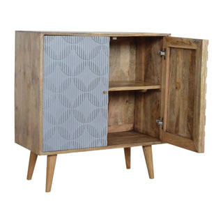 Rivène Small Sideboard Cabinet with Grey Carved Circle Doors and Tapered Legs