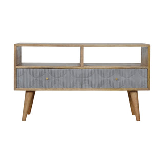 Dune Media Unit Oak & Grey Painted Ripple-Carved Drawer Fronts Twin Open Slots with Nordic Legs