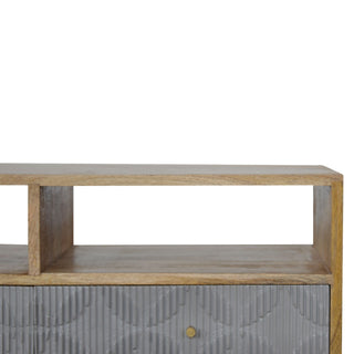 Dune Media Unit Oak & Grey Painted Ripple-Carved Drawer Fronts Twin Open Slots with Nordic Legs