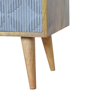 Dune Media Unit Oak & Grey Painted Ripple-Carved Drawer Fronts Twin Open Slots with Nordic Legs