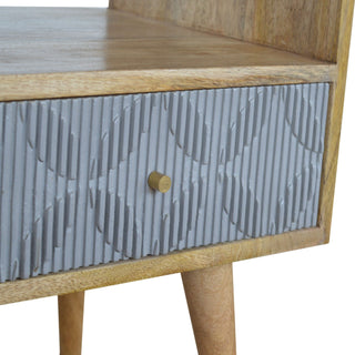 Dune Media Unit Oak & Grey Painted Ripple-Carved Drawer Fronts Twin Open Slots with Nordic Legs