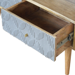 Dune Media Unit Oak & Grey Painted Ripple-Carved Drawer Fronts Twin Open Slots with Nordic Legs