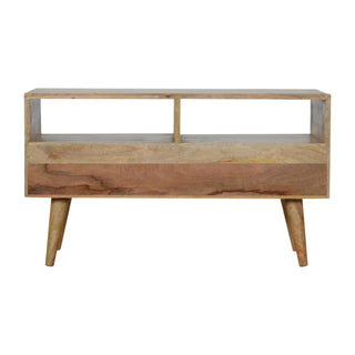 Dune Media Unit Oak & Grey Painted Ripple-Carved Drawer Fronts Twin Open Slots with Nordic Legs