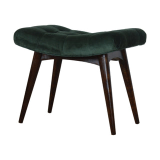 Juniper Upholstered Bench Emerald Green Velvet Button Tufted Curved Saddle Compact Nordic Legs