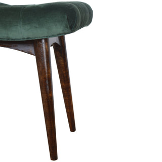 Juniper Upholstered Bench Emerald Green Velvet Button Tufted Curved Saddle Compact Nordic Legs