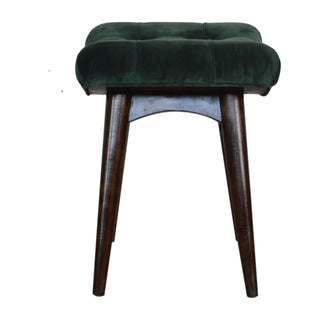 Juniper Upholstered Bench Emerald Green Velvet Button Tufted Curved Saddle Compact Nordic Legs
