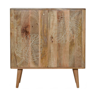 Folia Sideboard Cabinet White Resin Botanical Leaf Embossed Raw Oak Twin-Door