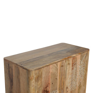 Folia Sideboard Cabinet White Resin Botanical Leaf Embossed Raw Oak Twin-Door