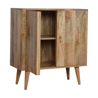Folia Sideboard Cabinet White Resin Botanical Leaf Embossed Raw Oak Twin-Door
