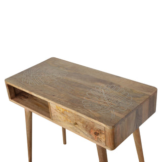 Fern Writing Desk Mango Wood Resin Leaf Embossed Top With Flush Drawer