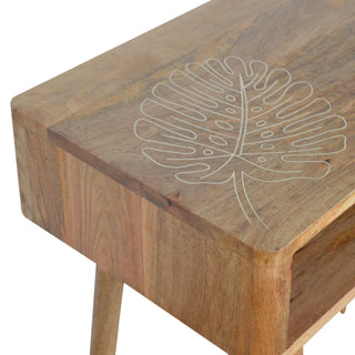 Fern Writing Desk Mango Wood Resin Leaf Embossed Top With Flush Drawer