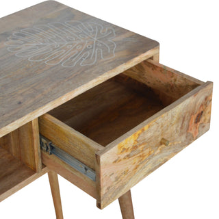 Fern Writing Desk Mango Wood Resin Leaf Embossed Top With Flush Drawer