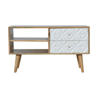 Pearl Media Unit Oak & White Hand-Painted Diamond-Carved Drawer Fronts with Nordic Tapered Legs