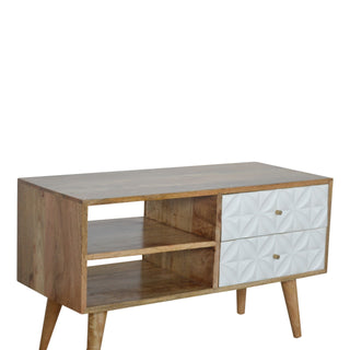 Pearl Media Unit Oak & White Hand-Painted Diamond-Carved Drawer Fronts with Nordic Tapered Legs