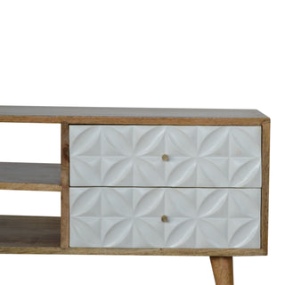 Pearl Media Unit Oak & White Hand-Painted Diamond-Carved Drawer Fronts with Nordic Tapered Legs
