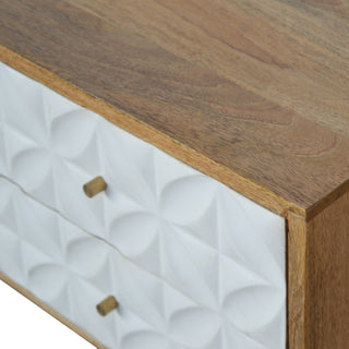 Pearl Media Unit Oak & White Hand-Painted Diamond-Carved Drawer Fronts with Nordic Tapered Legs