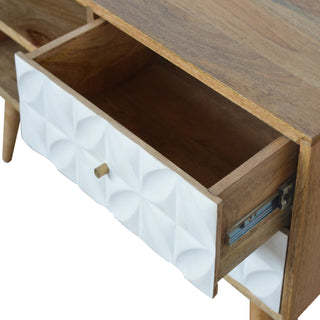 Pearl Media Unit Oak & White Hand-Painted Diamond-Carved Drawer Fronts with Nordic Tapered Legs