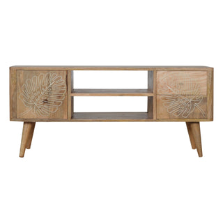 Fern Media Unit Natural Oak Mango Wood Tropical Leaf Resin Embossed Door & Drawer Fronts Nordic Legs