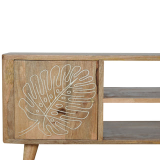 Fern Media Unit Natural Oak Mango Wood Tropical Leaf Resin Embossed Door & Drawer Fronts Nordic Legs