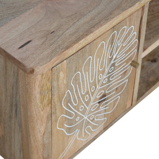 Fern Media Unit Natural Oak Mango Wood Tropical Leaf Resin Embossed Door & Drawer Fronts Nordic Legs
