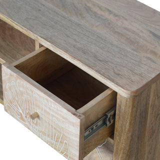 Fern Media Unit Natural Oak Mango Wood Tropical Leaf Resin Embossed Door & Drawer Fronts Nordic Legs