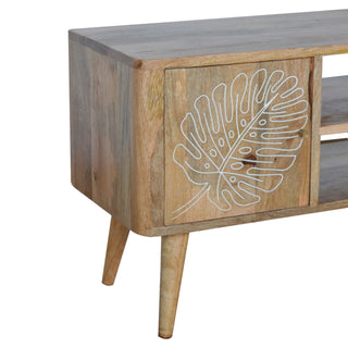 Fern Media Unit Natural Oak Mango Wood Tropical Leaf Resin Embossed Door & Drawer Fronts Nordic Legs