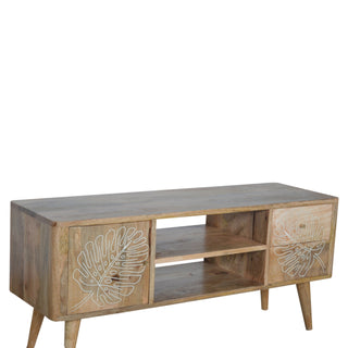 Fern Media Unit Natural Oak Mango Wood Tropical Leaf Resin Embossed Door & Drawer Fronts Nordic Legs