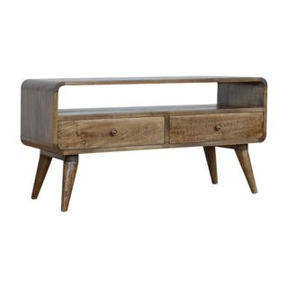 Frost Media Unit Grey-Washed Mango Wood Reverse-Curve Body Twin Drawers with Scandinavian Legs