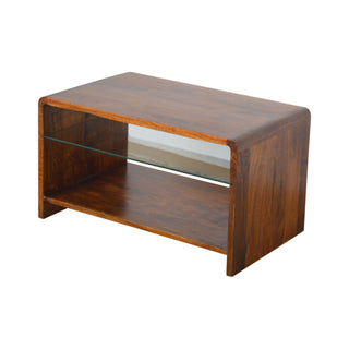Pane Coffee Table Solid Mango Wood Glass Lower Shelf Slab Sides Chestnut
