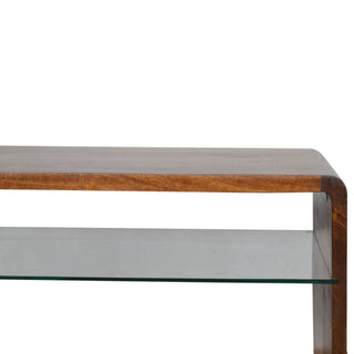 Pane Coffee Table Solid Mango Wood Glass Lower Shelf Slab Sides Chestnut