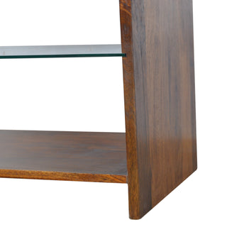 Pane Coffee Table Solid Mango Wood Glass Lower Shelf Slab Sides Chestnut