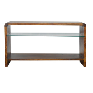 Praxis Media Unit Chestnut Mango Wood Waterfall Frame Glass Shelf Insert No-Drawer Open Design