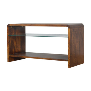 Praxis Media Unit Chestnut Mango Wood Waterfall Frame Glass Shelf Insert No-Drawer Open Design